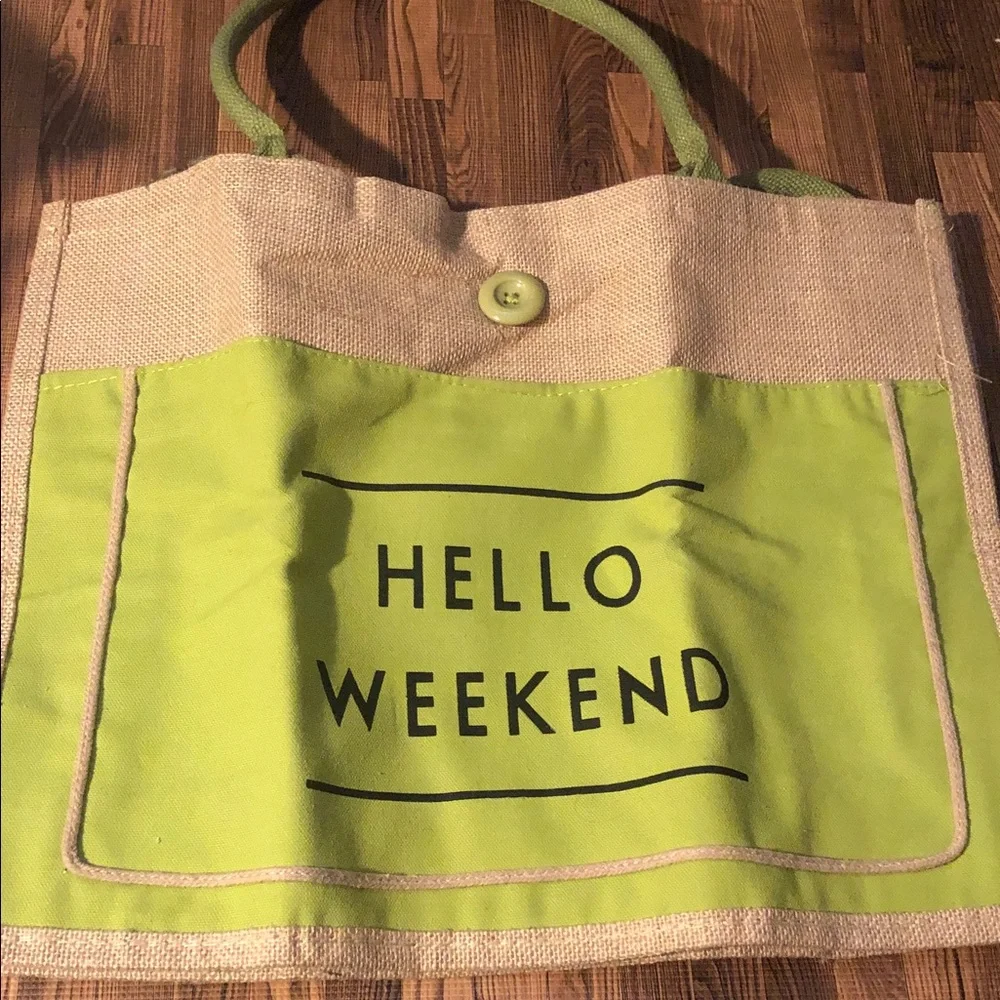 NWOT Hello Weekend Canvas Tote Bag - Lime Green Accent